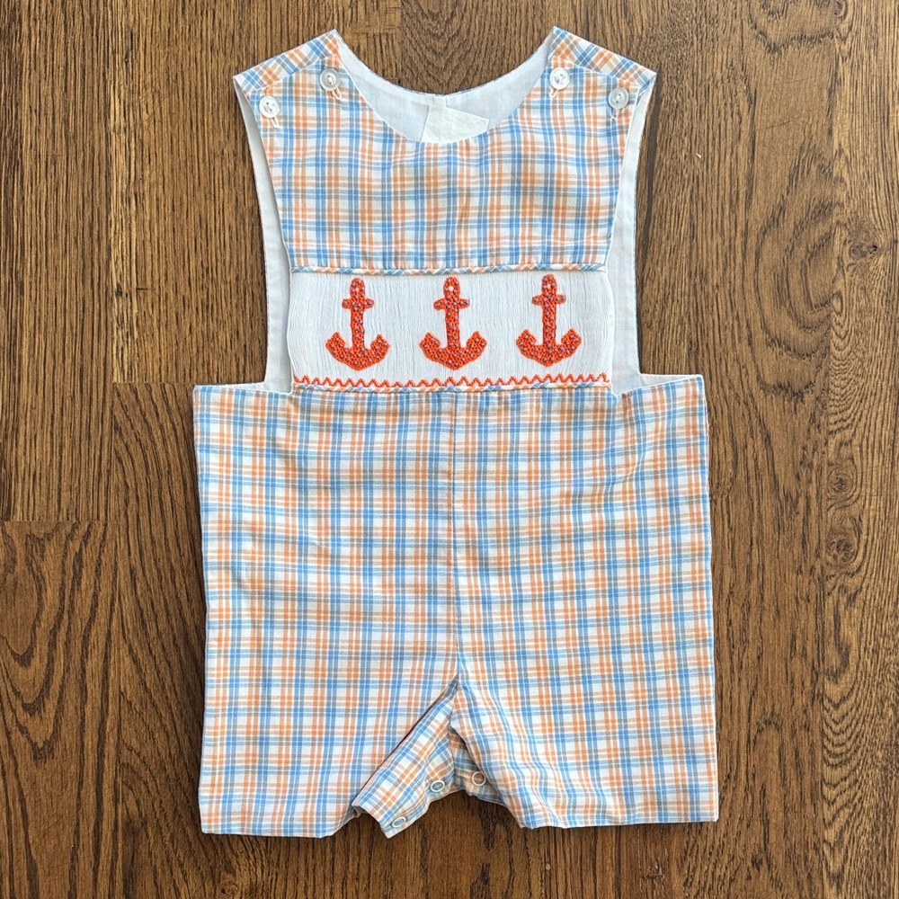 Stitchy Fish Boys Anchor Smocked Plaid Romper
